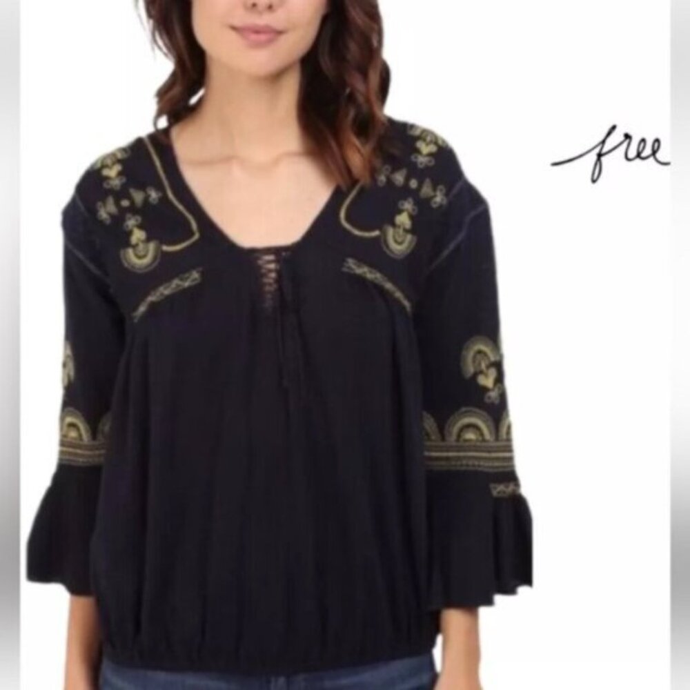 Free People Coton Women’s Chiquita Embroidered Peasant Blouse Top Dark …